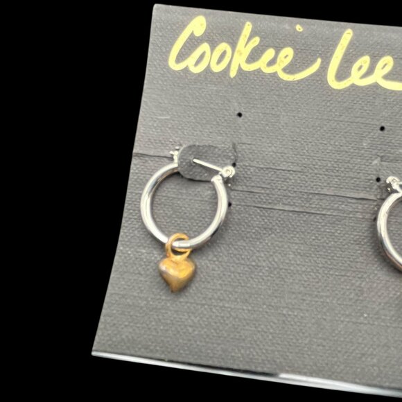 VTG Cookie Lee Earrings Silver Tone Hoop‎ with Gold Tone Heart Charm Hinged NEW - Picture 3 of 6